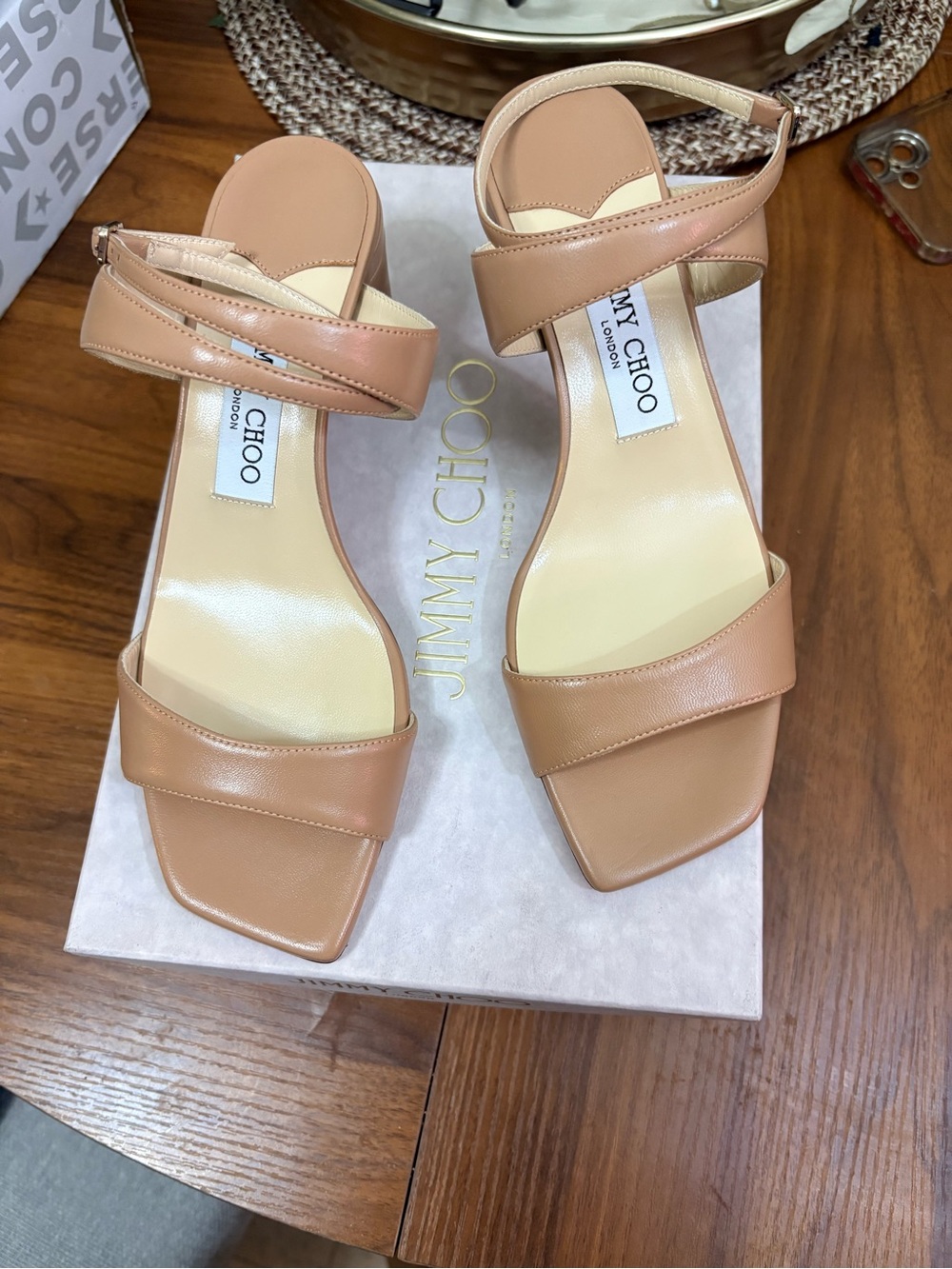 Jimmy Choo Nude Tan Leather Square-Toe Strap Heels